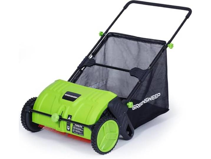 GreenSweep Pickup Pro V26 mit Anti-Lock-Antrieb - Rasenkehrer zum Schieben für Laub, Grasschnitt & Gartenabfälle - Großer Fassungsvermögen Trichter