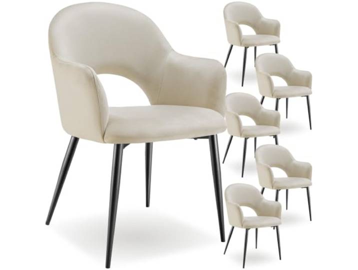 tectake® 6er Set Armlehnstuhl in Samtoptik, gepolsterte Esszimmerstühle, bis 120 kg belastbar, Stühle Esszimmer mit komfortabler Polsterung, Küchenstuhl, Esszimmerstuhl mit Stahlbeinen - Creme