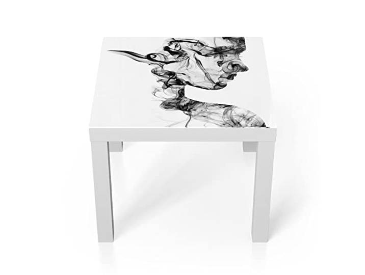 DEQORI Glastisch weiß klein 55x55 cm Motiv Frauenkopf aus Rauch ausgefallener Beistelltisch aus Glas Hochglanz Couchtisch fürs Wohnzimmer moderner Couch Tisch mit Design