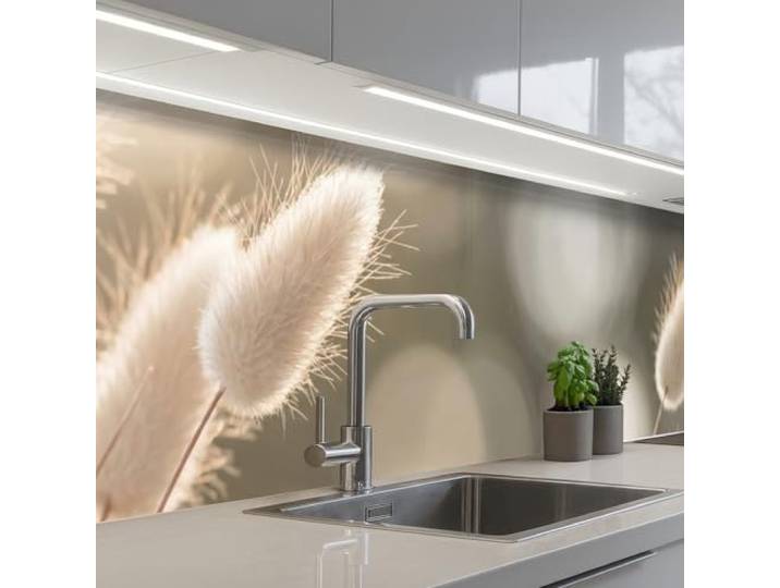KitchenYeah© Rückwand Küche Rückwandschutz Selbstklebend Spritzschutz 60x300 cm - Küchenrückwand Küchenfront Küchen Selbstklebende Küchenrückwände Haselschwanzgras - Weiß - Sonnenlicht