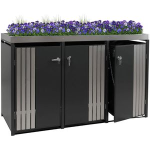 Mendler Mülltonnenbox HWC-O67, Metall, 3 Mülltonnen bis 240L,abschließbar, mit Pflanzdach