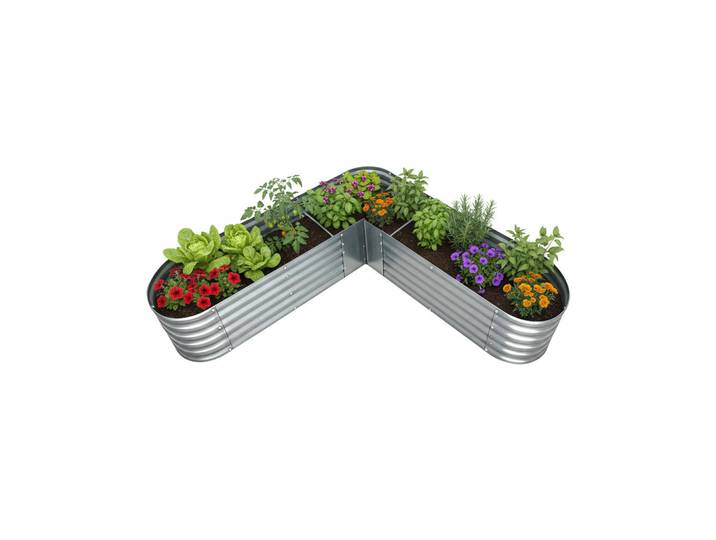 Relaxdays Hochbeet Silber L-Form verzinktes Eisen 43x203 cm, Silberfarben, Metall, 203x43x203 cm, Gartenzubehör, Hochbeet