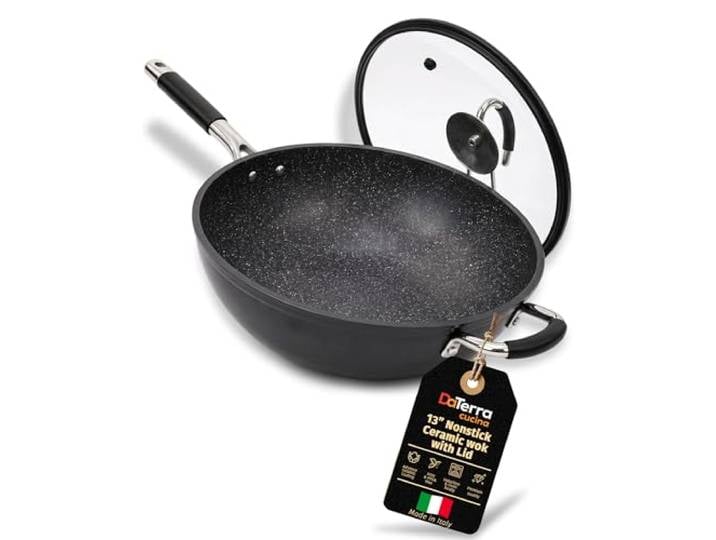 DaTerra Cucina - 33 cm Antihaft-Keramik-Wok mit Deckel, hergestellt in Italien, hochhitzebeständiges Antihaft-Kochgeschirr, ofen- und induktionsfest, PTFE-, Cadmium-, Blei- und PFOA-frei, vulkanisch