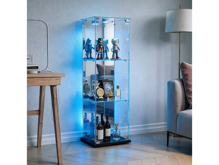 Simurq Glasvitrine Standvitrinen mit LED Beleuchtung, 3 Lagen Vitrinenschrank mit Glastür (1-St, Glas Vitrine mit 1 Glastür und 3 Lagen, Glasschrank mit Schloss) Sammlervitrine für Sammlerstücke, Modernes rahmenloses Design