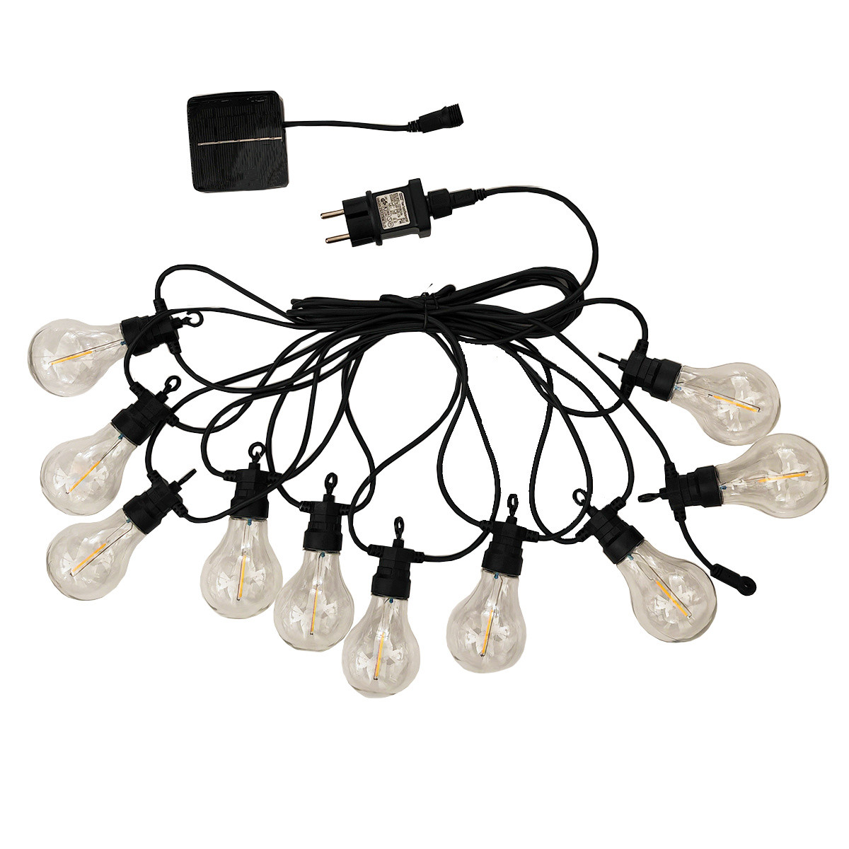 LUMISKY Party Clear Hybrid Outdoor Lichtslang met 10 Warm Witte LED Globes, 7,50 m, Solar en Netstroom