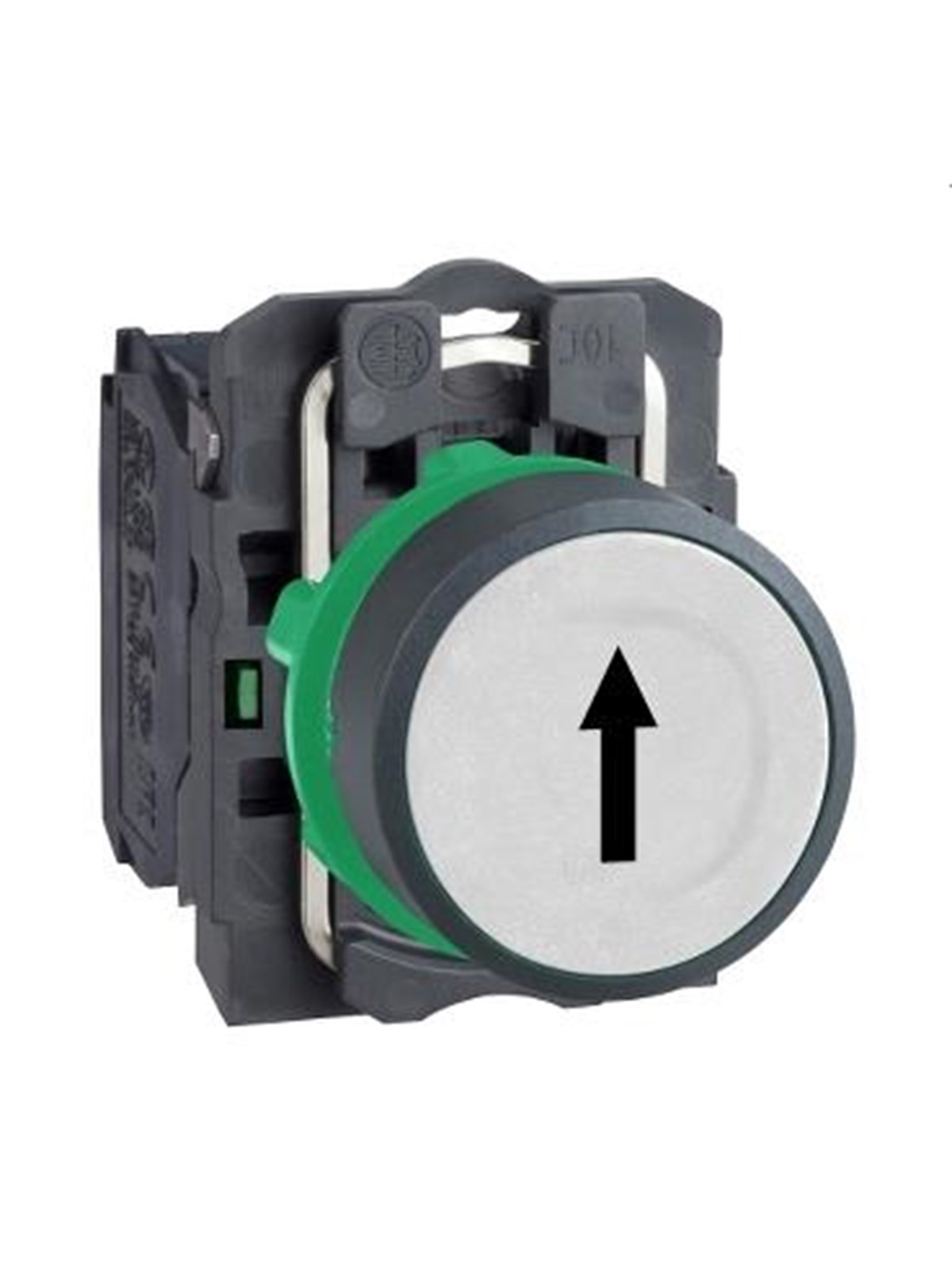 Schneider Electric Harmony push button complete with spring return and flat touch surface in white with black arrow 1xno xb5aa3341