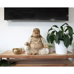 Hand Carved Buddha Statue - 50cm Happy - Whitewash