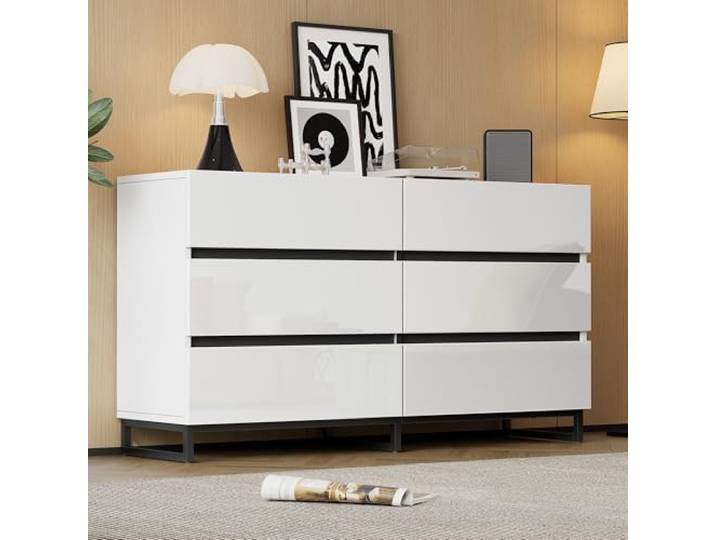 BTM 140x39x78cm Wohnzimmer Sideboard, Wohnzimmerschrank mit 6 Schubladen, Hochglanz-Kommode, mit 3 Metallbeinen, Beistellschrank mit hervorragender Tragfähigkeit, Weiß+Schwarz
