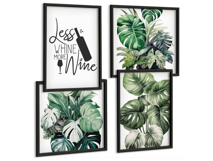 BILDER SET 4er Set - 50x50 cm & 40x60 cm Schwarzer Rahmen - Grüne Weinblätter
