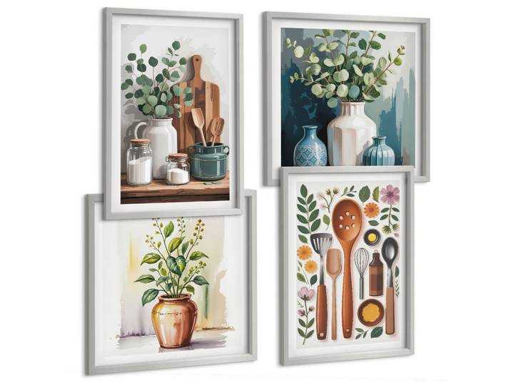 Tulup Bilder SET 4er Set - 50x50 cm & 40x60 cm Silberner Rahmen - Küchenaccessoires auf pflanzlicher Basis, Silberfarben, Kunststoff, Rechteckig, 50x50 cm, einfache und schnelle Anbringung, Bilder & Rahmen, Bilder