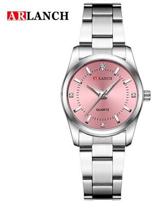 Uplift Essentials Rhinestone Minimalist Watch Fashionable Stainless Steel Pink Dial Timepiece For Outdoor And Travel pink