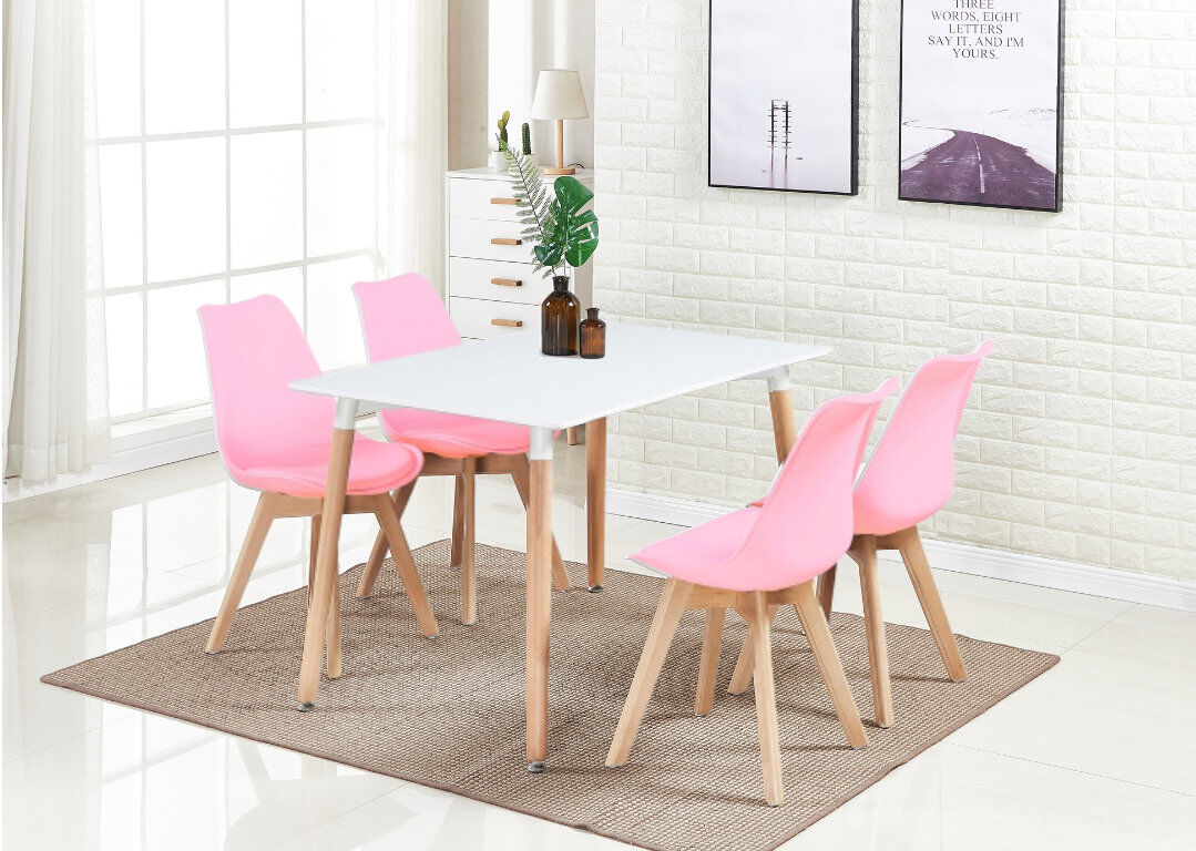Hykkon Zane 4 Person Modern Dining Table Set White/Pink 4