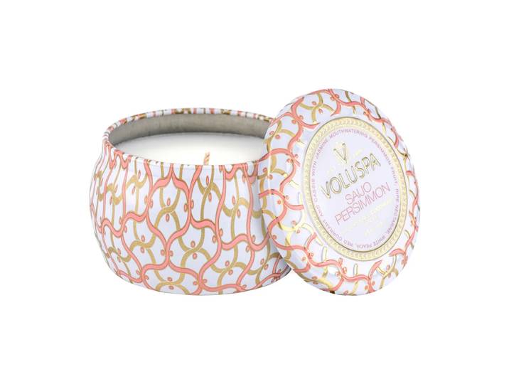 Voluspa Bougie parfumée Maison Blanc Mini Tin 25 heures Saijo Persimmon