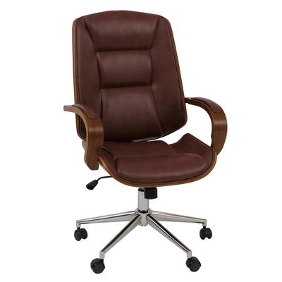 Décoshop26 - Drehbarer Bürostuhl auf Rollen mit rotbraunen Kunstlederarmlehnen und einem Gestell aus gebogenem Holz mit 04_0009096