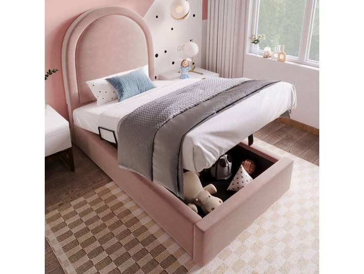 Lit Coffre - Becag - Lit Capitonné Simple 90x190 cm - Lit Enfant Rembourré avec Rangement Hydraulique - Velours Rose