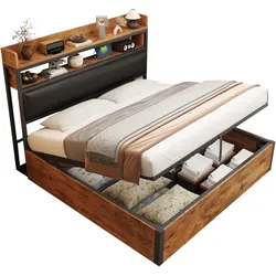 Bettrahmen 180x200 cm mit hydraulischer Hebevorrichtung und USB-Anschlüssen – Vintage-Design aus Holz und Metall, mit Stauraum Schwarz