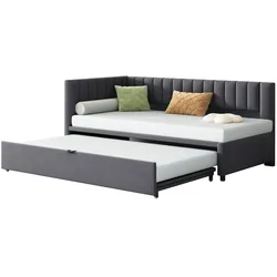OKWISH L-förmiges Schlafsofa 90x200 cm mit ausziehbarem Bett, Samtpolster, Push-Pull-Mechanismus, Platzsparend, bequemes Schlaf- und Sitzmöbel,Grau