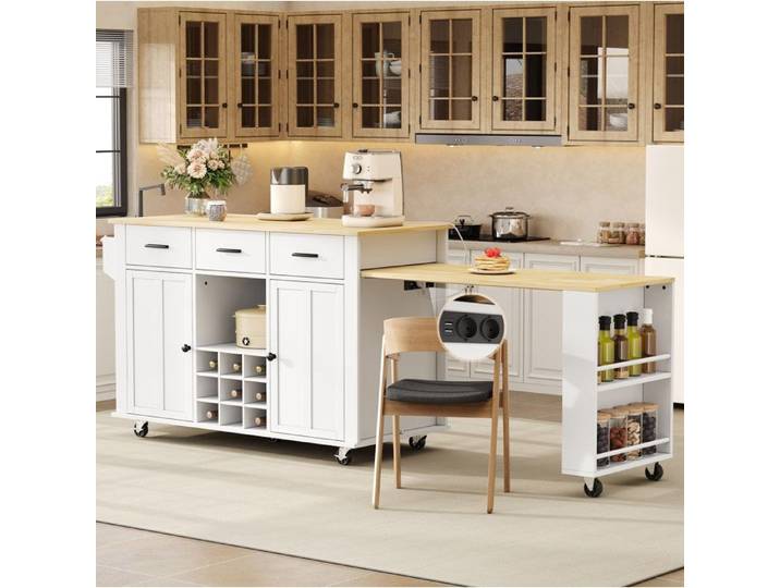 VUENOR ilot central de cuisine 136x50x93 cm blanc et decor bois avec plateau extensible