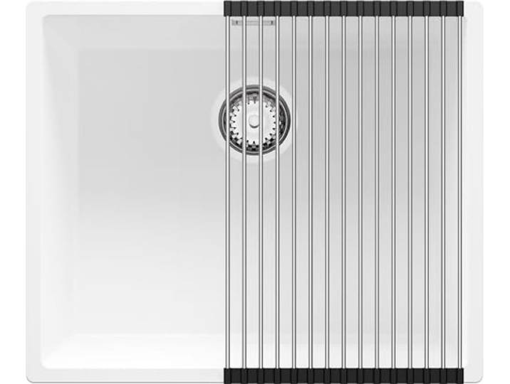 PRIMAGRAN Unterbauspüle ab 60er Unterschrank + Ablauf-Set, 56x47cm Set: Ablauf-Set (Siphon, Ablaufgarnitur, Überlauf) + Abtropfmatte + Spülbecken 1 Becken - London, Weiß