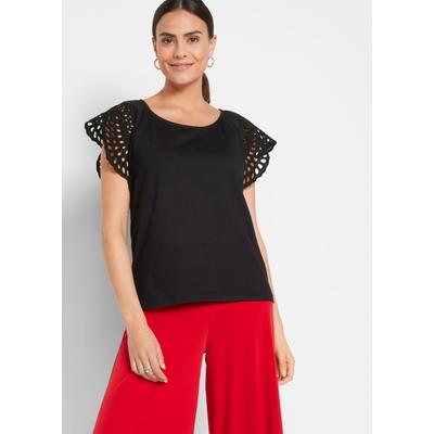 T-Shirt BONPRIX, Damen, Gr. 40/42 (M), schwarz, Obermaterial: 95% Baumwolle, 5% Elasthan. Ärmel: 100% Baumwolle, loose fit, Shirts T-Shirt, lockere Passform, Kurzarm-Design, Lochstickerei an den Ärmeln