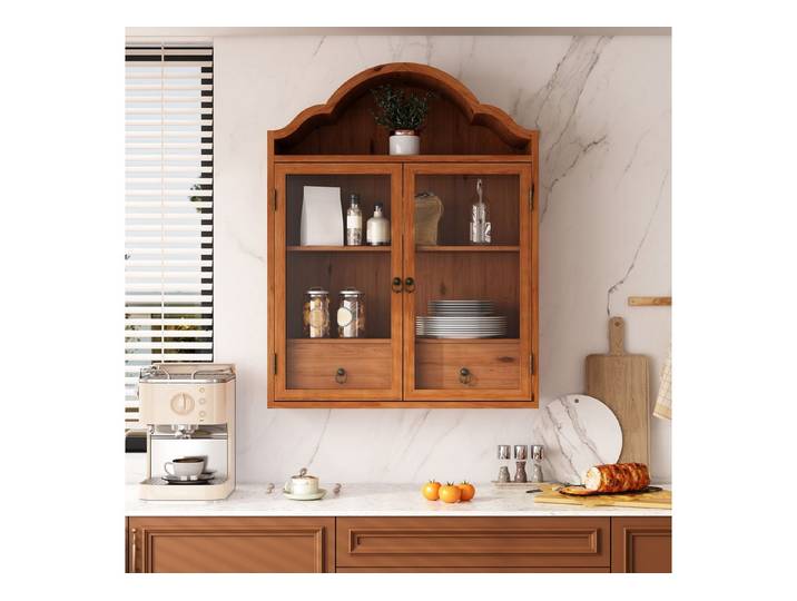 Celya Hängeschrank Retro Wandschrank Mit Geschwungenem Wellendach Und Schubladen (Einsetzbar Für Küche, Badezimmer, Esszimmer Und Wohnzimmer) mit verstellbaren Einlegeböden, 2 Türen, 2 Schubladen