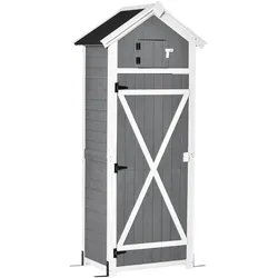 GARTENSCHRANK aus Holz, Gerätehaus mit Tür Dach, Geräteschuppen mit Hacken, Grau