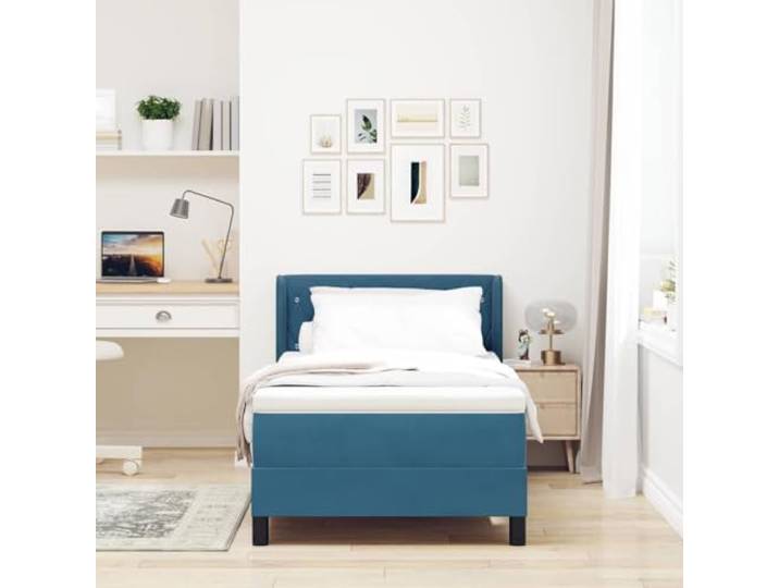 KTHLBRH Boxspringbett dunkelblau 200 x 90 cm Samt Massives Kiefernholz, verstellbares Kopfteil, mittlere Matratze, Beine aus Stahl