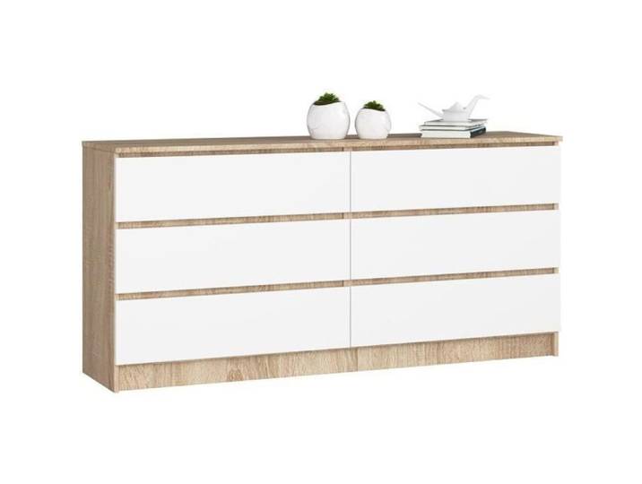 Grande Commode pour le salon AKORD K160 Chêne Sonoma 160 cm 6 tiroirs façade Blanche 160x40x77 cm