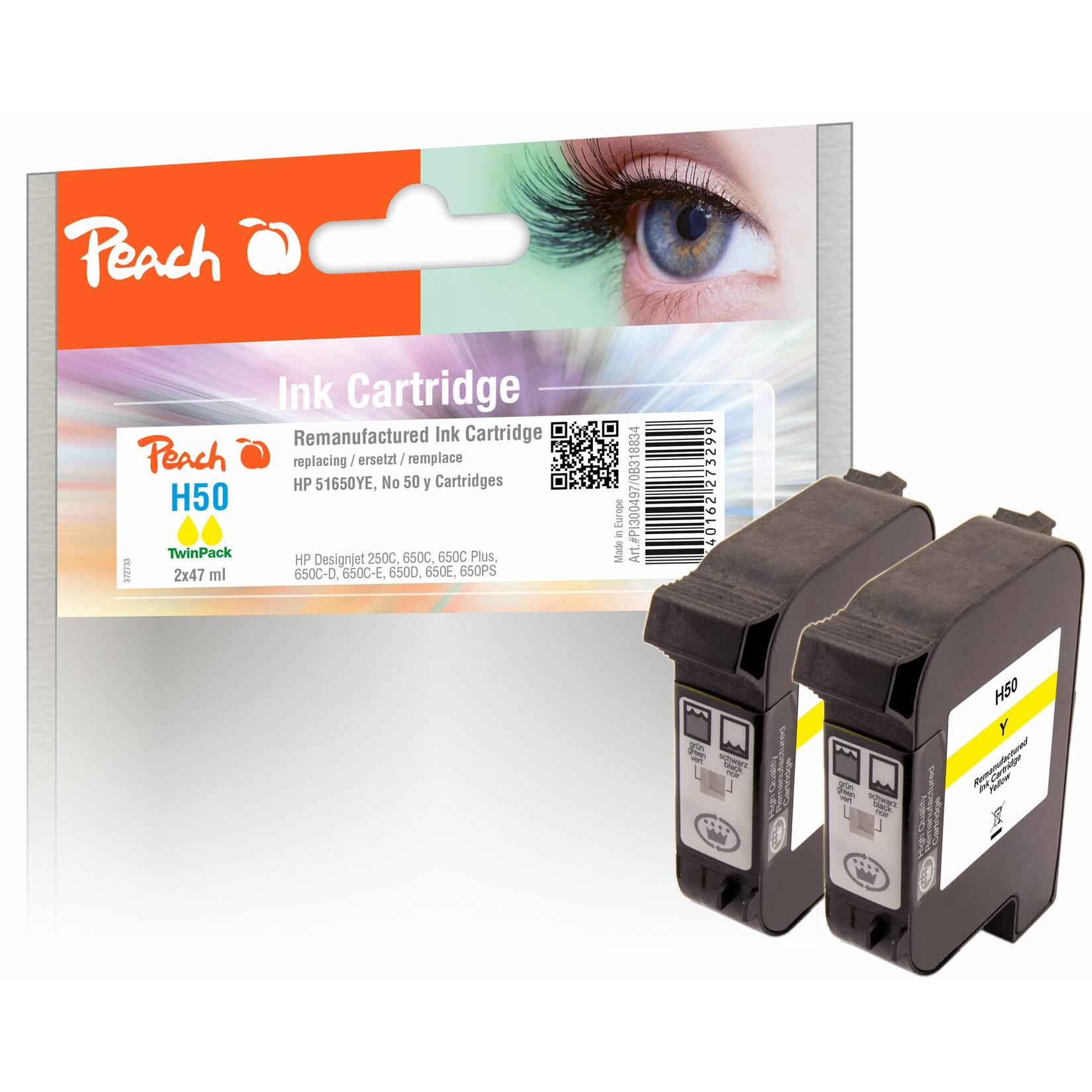 Peach HP 50 y 2 Druckköpfe 2*ye ersetzt HP No. 50 y*2, 51650YE*2 für z.B. HP DesignJet 250 C, HP DesignJet 650 C, HP DesignJet 650 C Plus (wiederaufbereitet)