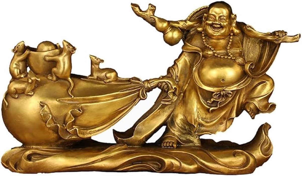 Handgesneden Lachende Boeddha Zen Ornament in Koperkleur voor op Tafel