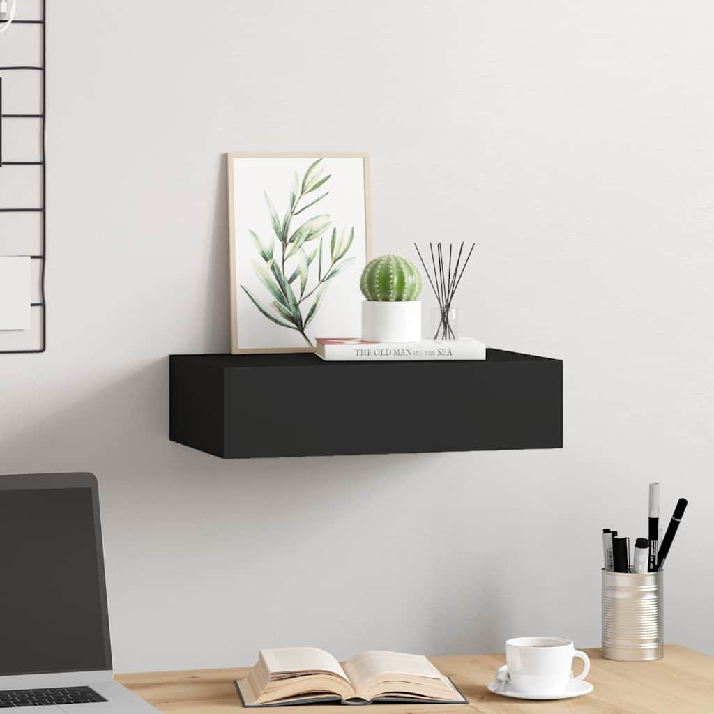 vidaXL Estante con cajón de pared MDF negro 40x23,5x10 cm Negro
