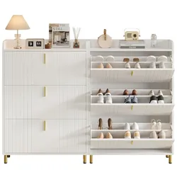 Schuhschrank Set mit 3 Klappen und 2 schmalen Regalen, 80x23x123, Weiß, elegantes Design mit goldenen Metallfüßen