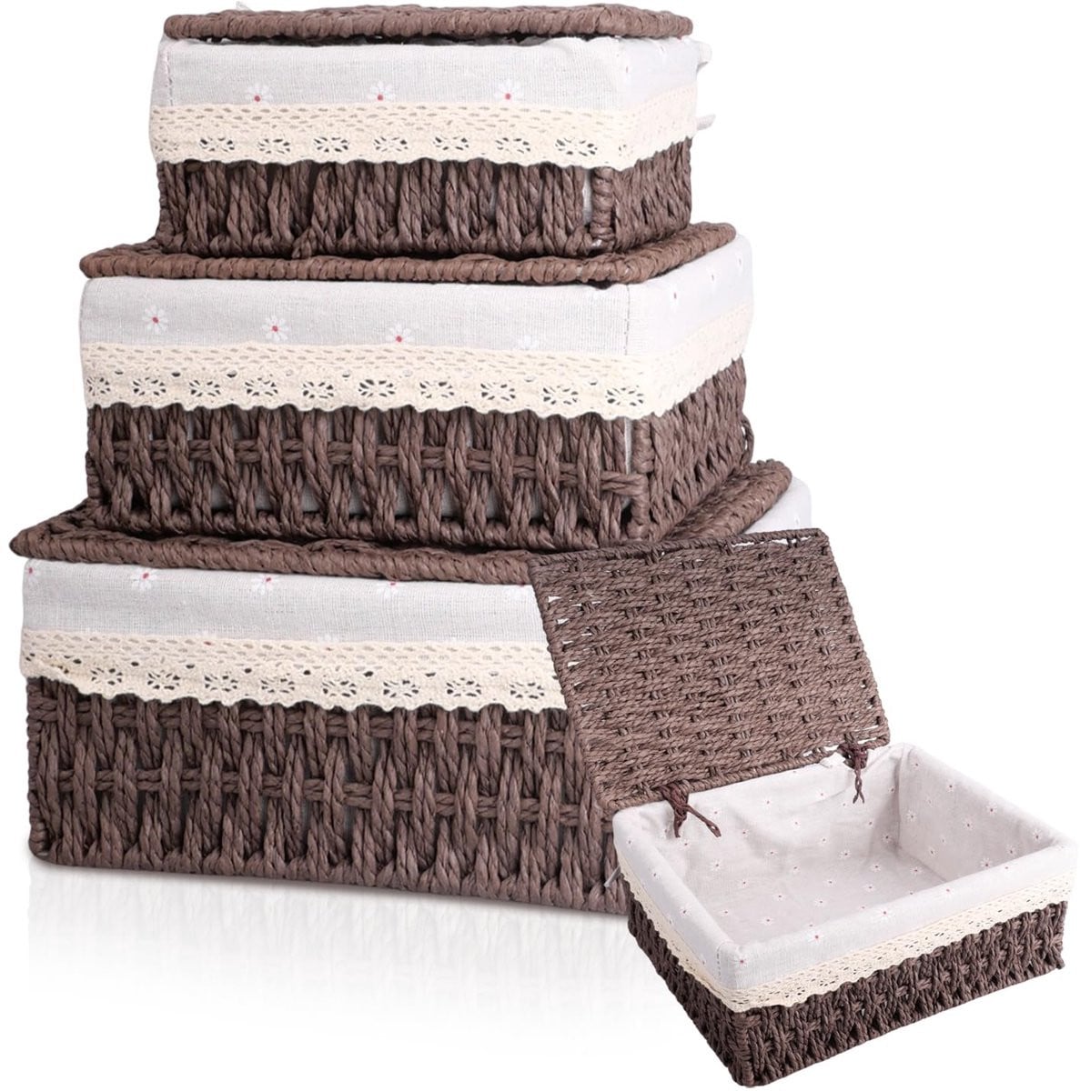 Ibenzoa Stijlvolle Gevlochten Opbergmand Set met Deksel en Open Weave voor Diverse Ruimtes