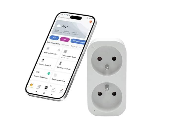 Konyks Priska Duo FR prise double Wi-Fi + BT\, contrôle ON/OFF à distance\, suivi de la consommation des 2 appareils simultanément\, compatible Smartlife et Tuya\, Amazon Alexa et Google Home
