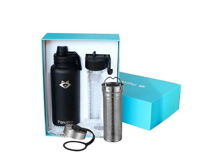 Paratito Isolierflasche Paratito® Geschenkbox mit Isolierflasche + innov. Ein- und Aufsätzen, Edelstahl mit Vakuumisolierung, 950ml, Hält lange heiß und kalt