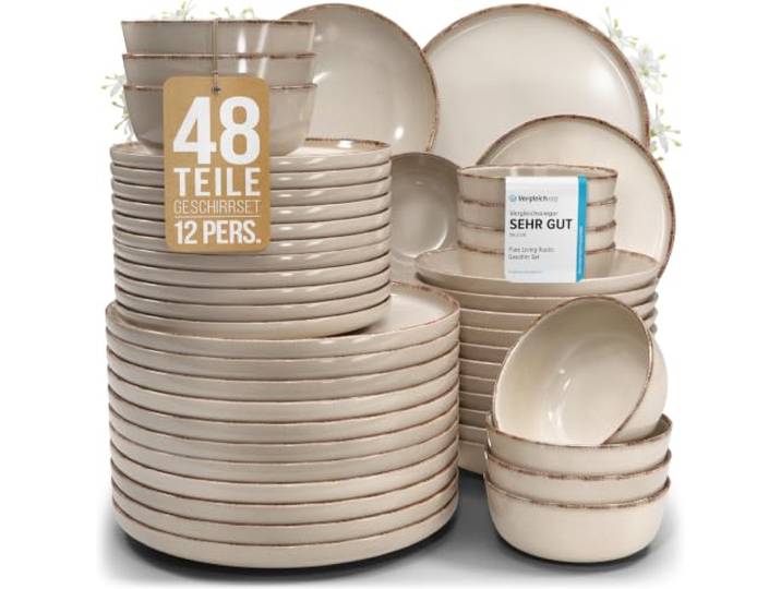 Steingut Geschirrset 12 Personen Rustic 48 tlg. TESTSIEGER, Hochwertiges Landhaussttil Steingut Geschirr Set, Schüssel- und Teller Set, Tafelservice 12 Personen, Geschirrsets Pure Living in Beige