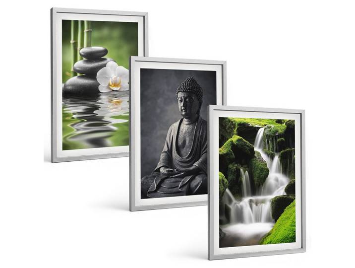 BILDER SET 3er Set - 40x60 cm Silberner Rahmen - Entspannende Zen-Wassermalerei