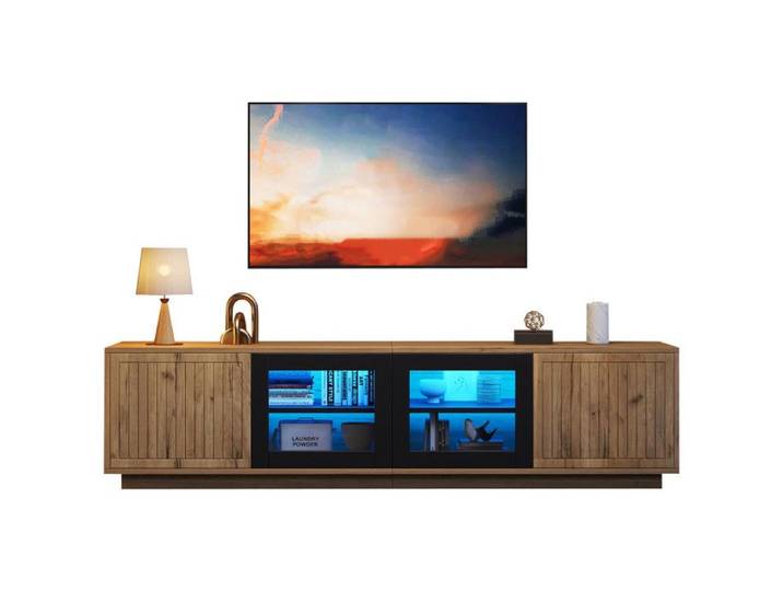 Meuble TV 180 * 40 * 45cm meuble de salon Lowboard long 180cm pour téléviseurs Jusqu'à 75 pouces bois naturel + noir