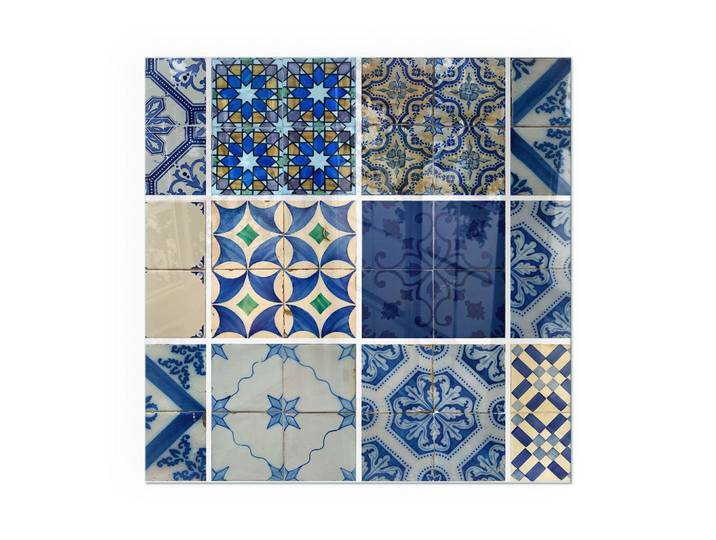 Tulup Kaminbodenplatte 50x50 cm - Keramikfliesenmuster, Blau, Glas, Quadratisch, 50x50x0.4 cm, Elektrogeräte, Heizgeräte, Elektrokamine
