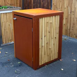 BambusBASIS Mülltonnenbox Dach/Pflanzbeet + Tür(en) mit Quadratlochung, 1x 120l Tonne, Corten, Bambus dunkel