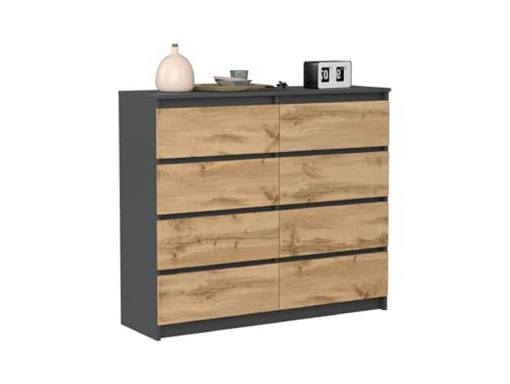 VBChome Kommode mit 8 Schubladen Antrazit mit Eiche 120 x 39 x 105 cm Grifflose Schubladenkommode Holz Mehrzweckschrank Mehrzweckschrank für Flur Schlafzimmer Wohnzimmer Kinderzimmer