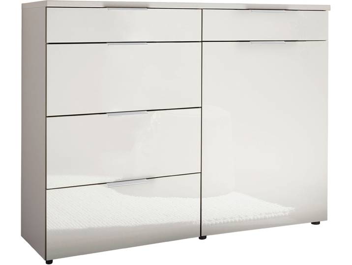 Kombikommode, Floatglas & Holzwerkstoff, Weiß/Chrom, 140×91,2×43 cm, Mit Soft-Close-Funktion, Wiemann Como