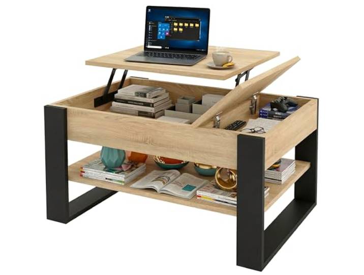 möbelkap Couchtisch mit anhebbarem & ausziehbarem Blatt Höhenverstellbarer Wohnzimmertisch mit Stauraum Sofatisch Eiche Sonoma/Schwarz Modern mit Liftfunktion