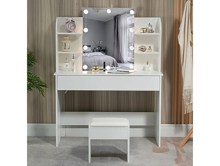 Thanaddo Schminktisch, Frisiertisch mit Spiegel, Hocker, Schublade & 4 offene Ablagen, Schlafzimmerkommode, Modern Kosmetiktisch, Weiß