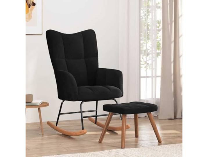 smnyxs Schaukelstuhl mit Fußstütze, Velours, Schwarz Stahlrahmen, Holzschienen, dicke Polsterung, modernes Design, Kapazität 110 kg