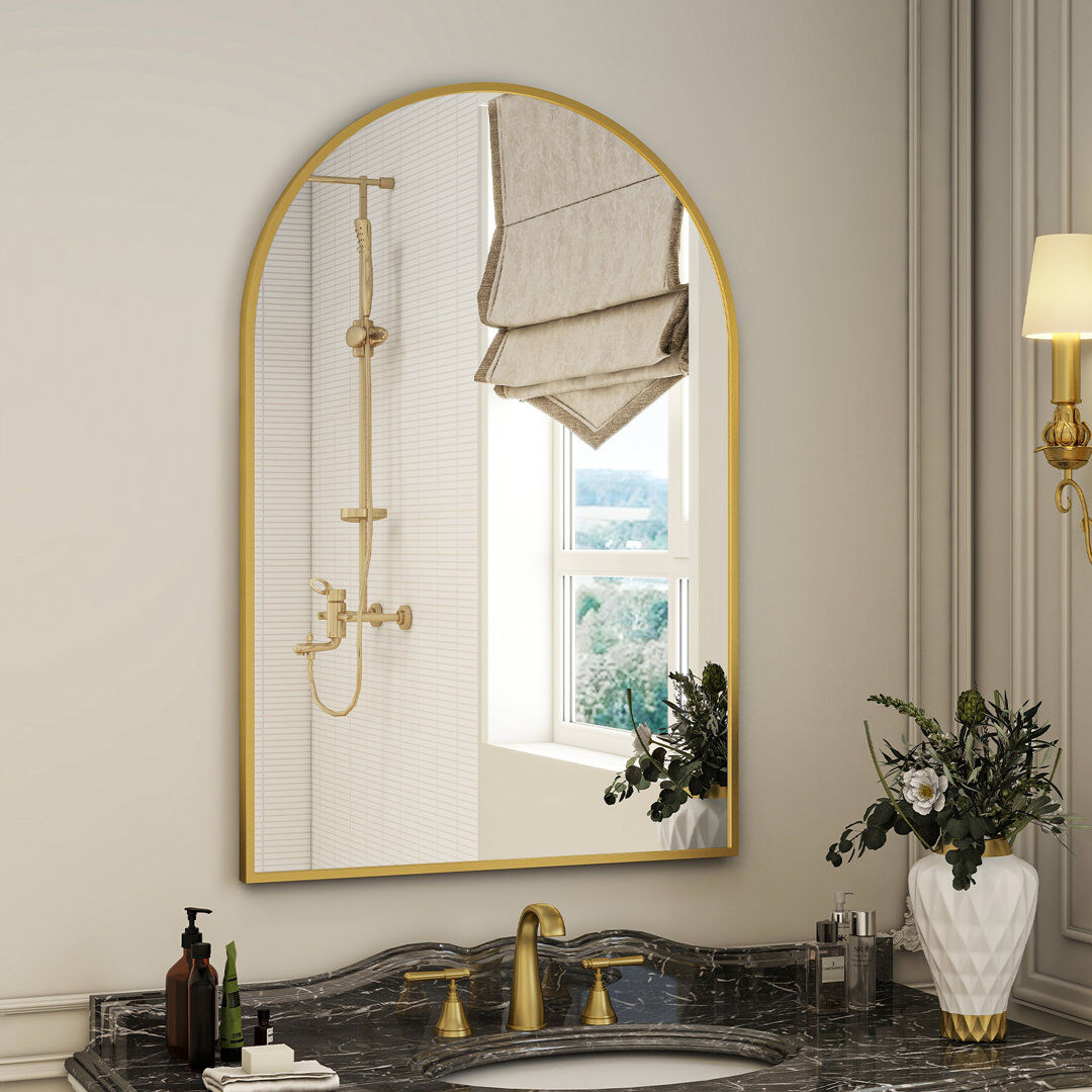 GLSLAND Lilaram Arched Metal Framed Wall Mirror Bathroom Mirror Flax Gold 96.5cm H x 66cm W