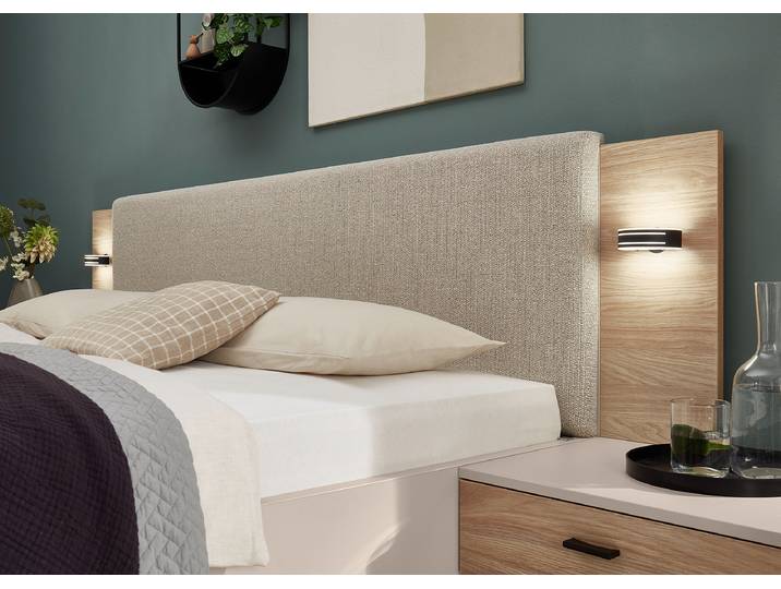 Bettgestell 180 x 200cm Kopfteil: Strukturstoff Rahmen: Spanplatte, foliert Beige