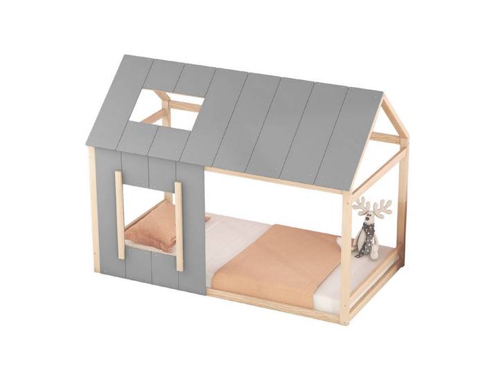 Flieks Kinderbett, Massivholz Einzelbett Hausbett mit Dach und Fenster 90x200cm