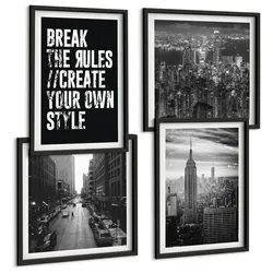 BILDER SET 4er Set - 50x50 cm & 40x60 cm Schwarzer Rahmen - Inspiration für Schwarz-Weiß-Darstellungen von Stadtstraßen