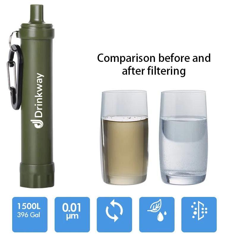 Outdoor Wasserfilter Olive 30x215 mm mit Pfeife, Kompass, Karabinerhaken, 1500 Liter Filterleistung